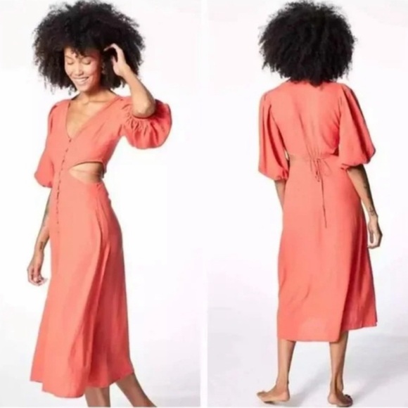 Young Fabulous & Broke Boho Plunge Cut Out Bishop Sleeve Linen Sundress Size L - Picture 1 of 10